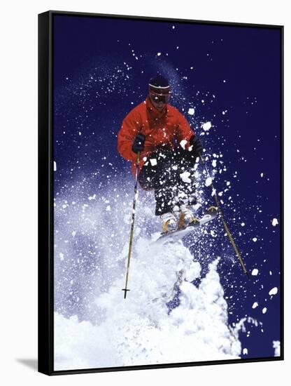 Low Angle View of a Man Skiing-null-Framed Stretched Canvas