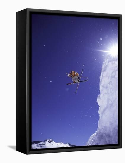 Low Angle View of a Skier in Mid Air-null-Framed Stretched Canvas