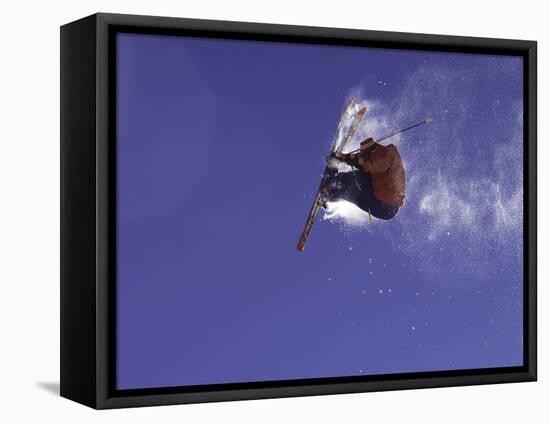Low Angle View of a Skier in Mid Air-null-Framed Stretched Canvas
