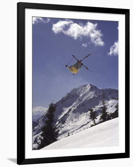 Low Angle View of a Skier in Mid Air-null-Framed Photographic Print