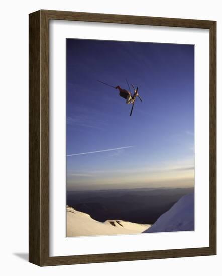 Low Angle View of a Skier in Mid Air-null-Framed Photographic Print