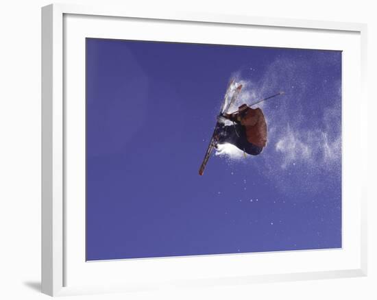 Low Angle View of a Skier in Mid Air-null-Framed Photographic Print