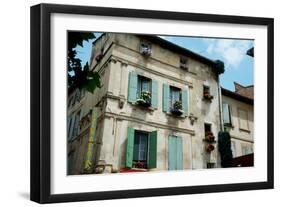 Low Angle View of an Old Building with Flower Pots on Each Window, Rue Des Arenes, Arles-null-Framed Photographic Print