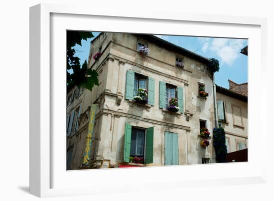 Low Angle View of an Old Building with Flower Pots on Each Window, Rue Des Arenes, Arles-null-Framed Photographic Print