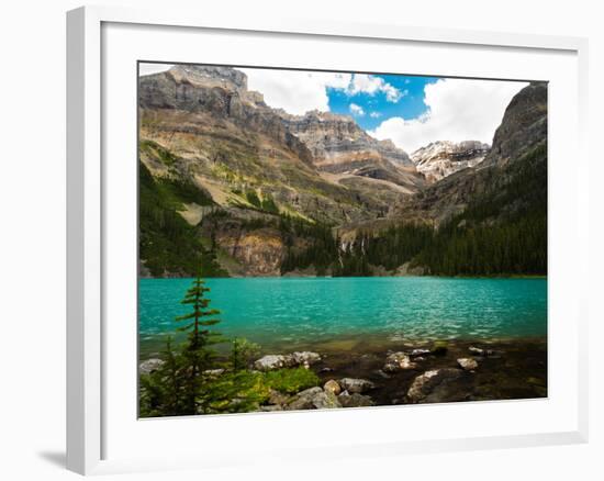 Low-Angle View of Beautiful, Remote Lake O'Hara, with Seven Veils Falls, Yoho National Park-Timothy Mulholland-Framed Photographic Print