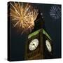Low angle view of Big Ben, London, England, with fireworks bursting overhead-null-Stretched Canvas