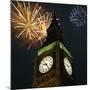 Low angle view of Big Ben, London, England, with fireworks bursting overhead-null-Mounted Photographic Print