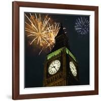 Low angle view of Big Ben, London, England, with fireworks bursting overhead-null-Framed Photographic Print