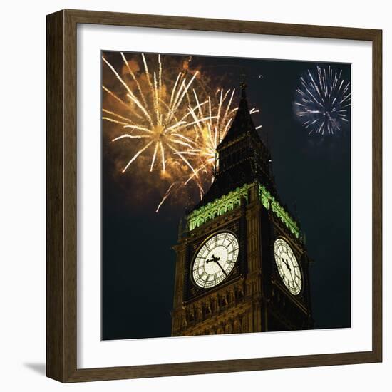 Low angle view of Big Ben, London, England, with fireworks bursting overhead-null-Framed Photographic Print