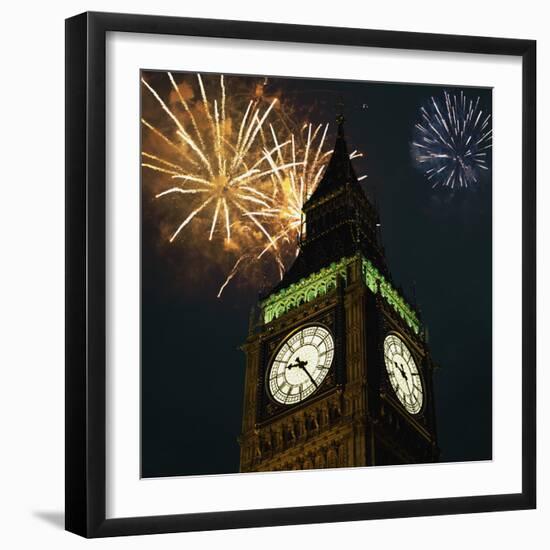 Low angle view of Big Ben, London, England, with fireworks bursting overhead-null-Framed Photographic Print