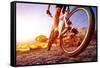 Low Angle View Of Cyclist Riding Mountain Bike On Rocky Trail At Sunrise-warrengoldswain-Framed Stretched Canvas