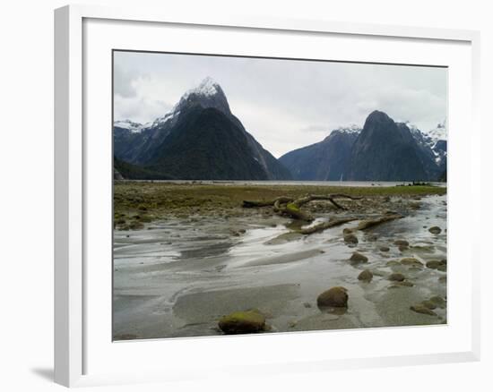 Low-Angle View of Mitre Peak, Stirling Falls, New Zealand-Timothy Mulholland-Framed Photographic Print