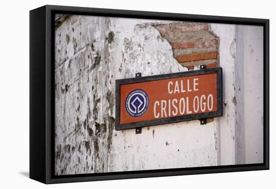 Low angle view of street sign, Calle Crisologo, Vigan, Ilocos Sur, Philippines-null-Framed Stretched Canvas