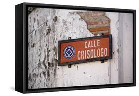 Low angle view of street sign, Calle Crisologo, Vigan, Ilocos Sur, Philippines-null-Framed Stretched Canvas