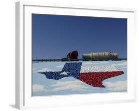 Low Angle View of Truck and Map of Texas on the Slope Beside a Highway, Pecos, Texas, USA-null-Framed Photographic Print