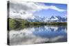 Low Clouds and Mist around Grandes Jorasses While Hikers Proceed on Lac De Cheserys, French Alps-Roberto Moiola-Stretched Canvas