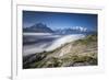 Low clouds and mist frame the snowy peaks of Mont Blanc and Aiguille Verte Chamonix Haute Savoie Fr-ClickAlps-Framed Photographic Print