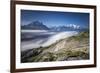 Low clouds and mist frame the snowy peaks of Mont Blanc and Aiguille Verte Chamonix Haute Savoie Fr-ClickAlps-Framed Photographic Print