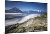 Low clouds and mist frame the snowy peaks of Mont Blanc and Aiguille Verte Chamonix Haute Savoie Fr-ClickAlps-Mounted Photographic Print