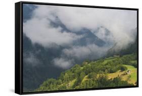 Low Clouds over Meadows Surrounded by Trees, with Small Farm Buildings Near Fliess, Tirol, Austria-Benvie-Framed Stretched Canvas