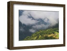 Low Clouds over Meadows Surrounded by Trees, with Small Farm Buildings Near Fliess, Tirol, Austria-Benvie-Framed Photographic Print