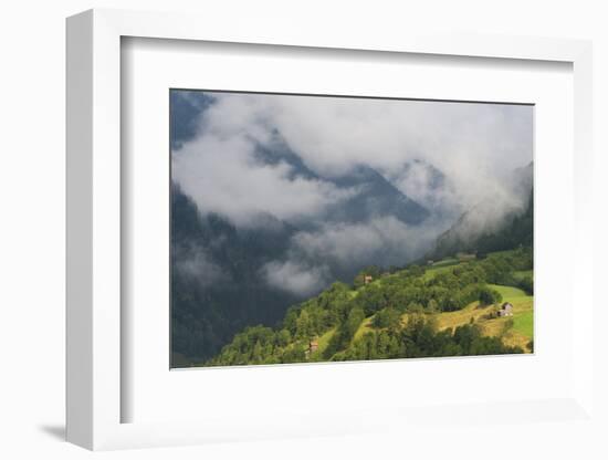 Low Clouds over Meadows Surrounded by Trees, with Small Farm Buildings Near Fliess, Tirol, Austria-Benvie-Framed Photographic Print