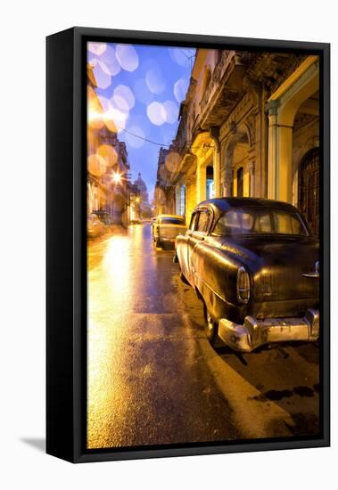 Low Light View Along a Street Towards the Capitolio with Street Lights Reflecting in the Wet Tarmac-Lee Frost-Framed Stretched Canvas