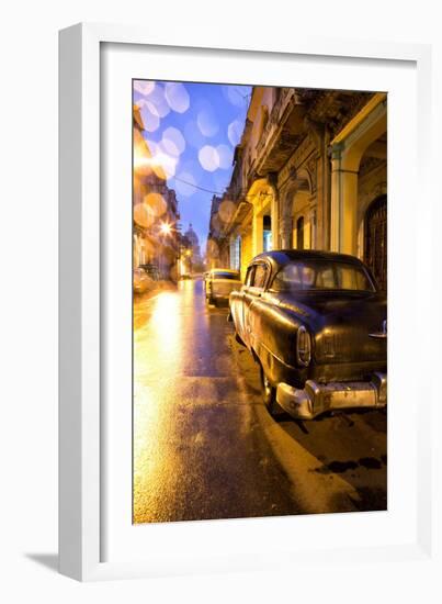 Low Light View Along a Street Towards the Capitolio with Street Lights Reflecting in the Wet Tarmac-Lee Frost-Framed Photographic Print