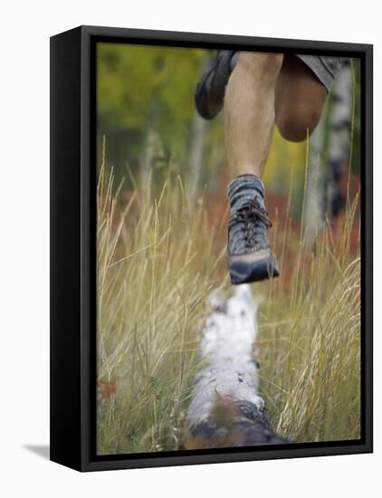 Low Section View of a Person Jumping over a Log of Wood-null-Framed Stretched Canvas