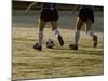 Low Section View of Two Female Soccer Players Kicking a Soccer Ball-null-Mounted Photographic Print