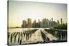 Lower Manhattan skyline across the East River at sunset, New York City, New York, United States of -Fraser Hall-Stretched Canvas