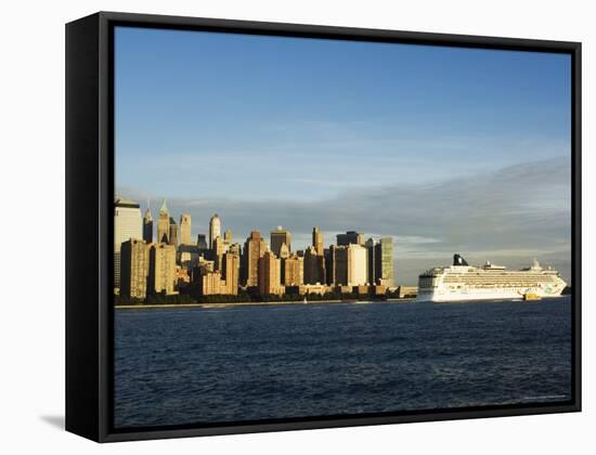 Lower Manhattan Skyline and Cruise Ship Across the Hudson River, New York City, New York, USA-Amanda Hall-Framed Stretched Canvas