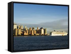 Lower Manhattan Skyline and Cruise Ship Across the Hudson River, New York City, New York, USA-Amanda Hall-Framed Stretched Canvas