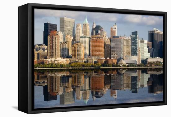 Lower Manhattan with Water Reflection in Hudson River.-Swartz Photography-Framed Stretched Canvas