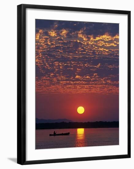 Lower Zambesi National Park, Canoeing on the Zambezi River at Sun Rise under a Mackerel Sky, Zambia-John Warburton-lee-Framed Photographic Print