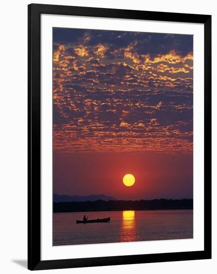 Lower Zambesi National Park, Canoeing on the Zambezi River at Sun Rise under a Mackerel Sky, Zambia-John Warburton-lee-Framed Photographic Print