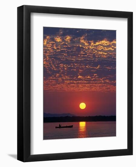 Lower Zambesi National Park, Canoeing on the Zambezi River at Sun Rise under a Mackerel Sky, Zambia-John Warburton-lee-Framed Premium Photographic Print