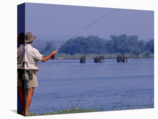 Lower Zambezi National Park, Fly-Fishing for Tiger Fish on the Zambezi River Against a Backdrop of -John Warburton-lee-Stretched Canvas
