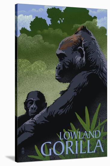 Lowland Gorilla - Lithograph Series-Lantern Press-Stretched Canvas