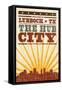 Lubbock, Texas - Skyline and Sunburst Screenprint Style-Lantern Press-Framed Stretched Canvas