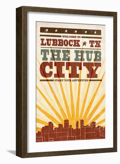 Lubbock, Texas - Skyline and Sunburst Screenprint Style-Lantern Press-Framed Art Print