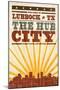 Lubbock, Texas - Skyline and Sunburst Screenprint Style-Lantern Press-Mounted Art Print