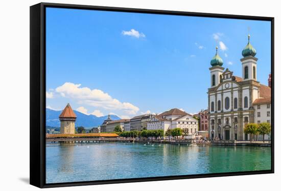 Lucerne City View with River Reuss and Jesuit Church, Switzerland-Zechal-Framed Stretched Canvas