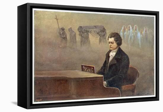 Ludwig Van Beethoven While Sitting at His Piano Beethoven Contemplates His Vision of Death-null-Framed Stretched Canvas