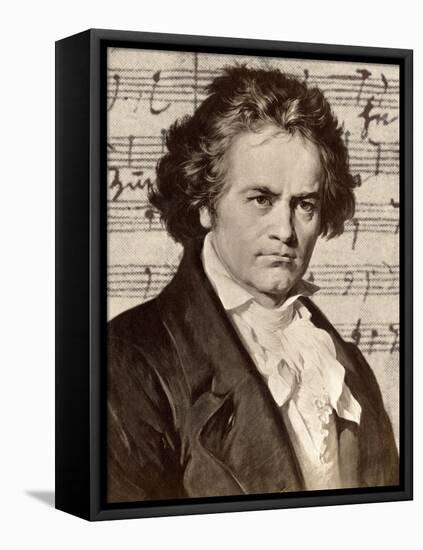 Ludwig Van Beethoven with One of His Manuscripts-null-Framed Stretched Canvas