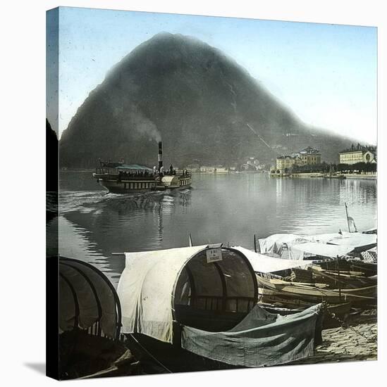 Lugano (Switzerland), Paddle Wheel Steamboat on the Lake and Pleasure Boats in the Port-Leon, Levy et Fils-Stretched Canvas