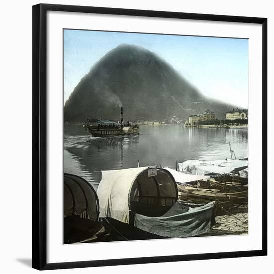 Lugano (Switzerland), Paddle Wheel Steamboat on the Lake and Pleasure Boats in the Port-Leon, Levy et Fils-Framed Photographic Print