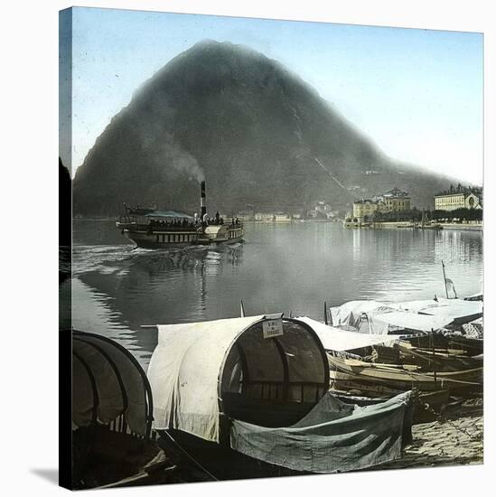 Lugano (Switzerland), Paddle Wheel Steamboat on the Lake and Pleasure Boats in the Port-Leon, Levy et Fils-Stretched Canvas