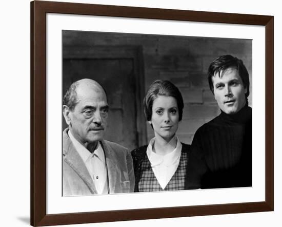 Luis Bunuel, Catherine Deneuve and Franco Nero during filming of 'Tristana', 1970 (b/w photo)-null-Framed Photo