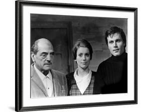 Luis Bunuel, Catherine Deneuve and Franco Nero during filming of 'Tristana', 1970 (b/w photo)-null-Framed Photo